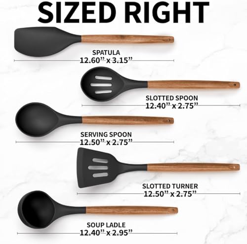 Image of Silicone Spatula Set, Spatula Set with Wooden Handle for Cooking and Mixing, for Non Stick Pan, Kitchen Tools Set of (5, Black)