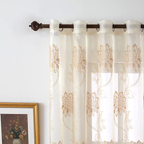 Elkca Floral Embroidered Sheer Curtains With Beads For Bedroom Window Tulle Curtain For Living Room,52Inchx96Inch,Grommet Top,2 Panels #TOP1