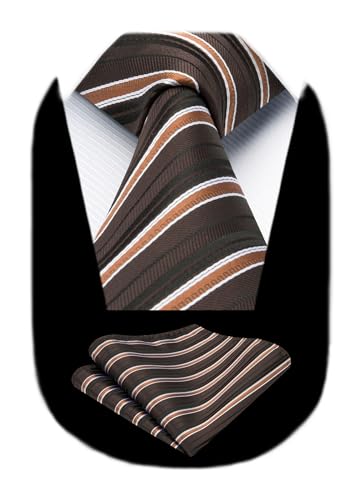 Image of HISDERN Stripe Tie Mens Ties with Pocket Square Set Classic 3.4'' Silk Formal Necktie Handkerchief for Business Wedding