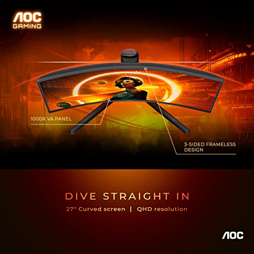 Aoc Gaming Cq27G3S Frameless Curved Gaming Monitor, Qhd 2K 2560X1440, 1000R Va, 165Hz 1Ms, Freesync Premium ,Black #TOP2
