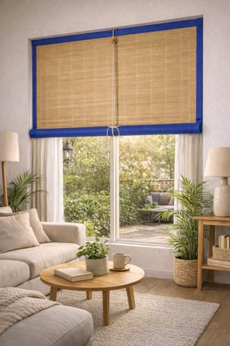 Image of Water Proof Bamboo Curtains for Balcony Roller Rollup Blinds, Bamboo Chick Curtain, for Rain, Sunlight, Dust & Cold Air Protection (Color-Blue,3ft x 8ft (W x H)
