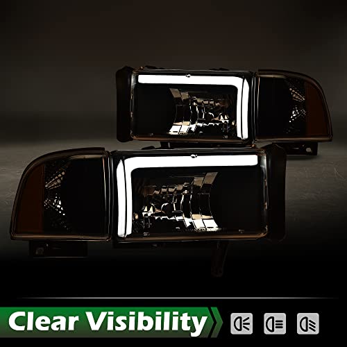 Image of GRAND ORANGE Led Drl Headlights Assembly, Compatible with Dodge Ram 1500 2500 3500 1994 1995 1996 1997 1998 1999 2000 2001 2002 Clear lens Black Housing Amber Reflector