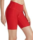 TSLA Women's High Waisted Bike Shorts, Workout Running Yoga Shorts with Pocket, Athletic Stretch Exercise Shorts, 7' Red, Medium
