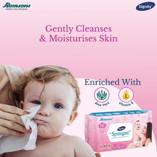 Dignity Spongee Soft and Smooth Baby Cleansing Wet Wipes with Aloe Vera Extract, 150x200 mm (Pack of 24) 1728 Wipes - Image 4 thumbnail