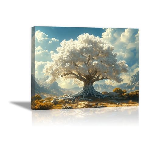 Peinture arbre blanc paysage montagne désertique pour illuminer un mur sombre