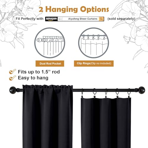 Image of Aiyufeng Black Blackout Curtains for Bedroom 84 Inch Length 2 Panels Set, Thermal Insulated Room Darkening Light Blocking Rod Pocket Window Treatment Drapes for Living Room, 50 inch W x 84 inch L