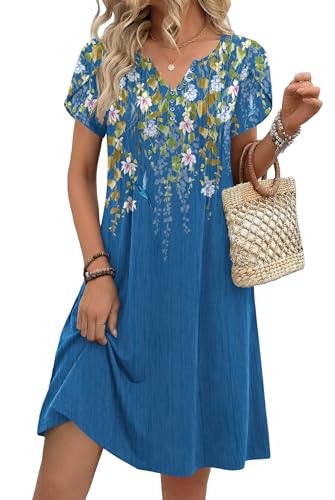 Zeagoo Plus Size Dresses Petal Sleeve Tshirt Dress with Pockets A Line Button Down Blue Floral Hawaiian Dress Womens Swing Dresses Vacation OutfitsXXL