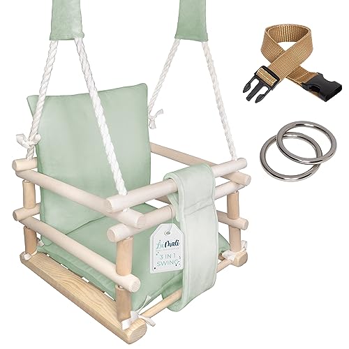LUMALI Inomhusgunga för barn, mynta | Babygunga inomhus, babygunga utomhus – gunga med kudde – barngunga för trädgården – babygunga, dörrkarm, gunga baby – trägunga