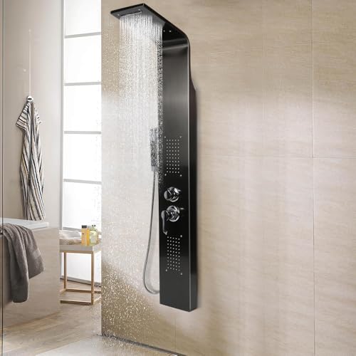 Système De Douche Thermostatique Avec Douche Et Cascade, Colonne douche en acier inox, douche à pluie, douche de massage et douche cascade pour salle de...