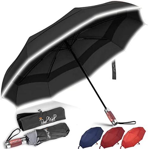 Royal Walk Windproof Folding Travel Umbrella Compact and Strong Luxurious Real Wood Handle Automatic Open Close Vented Double Canopy for Men and Women