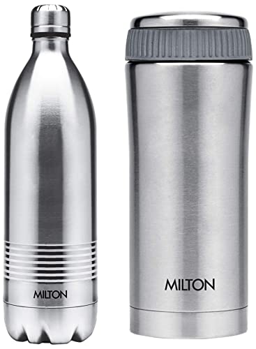 Image of Milton Thermosteel Duo Deluxe-1000 Bottle Style Vacuum Flask, 1 Litre, Silver + Milton Thermosteel Optima 420 Stainless Steel Flask, 420ml, Steel