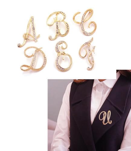 Image of vmcoatdu Women A-Z Initial Pins 26 Letters Pins Gold Plated Metal Brooches Clear Crystal Rhinestone Brooch Breastpin Badge