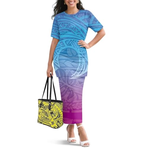 Image of Puletasi Samoan Traditional 2 Piece Outfits for Women Short Sleeve Crop Top and Maxi Skirt Sets Puletasi Dress