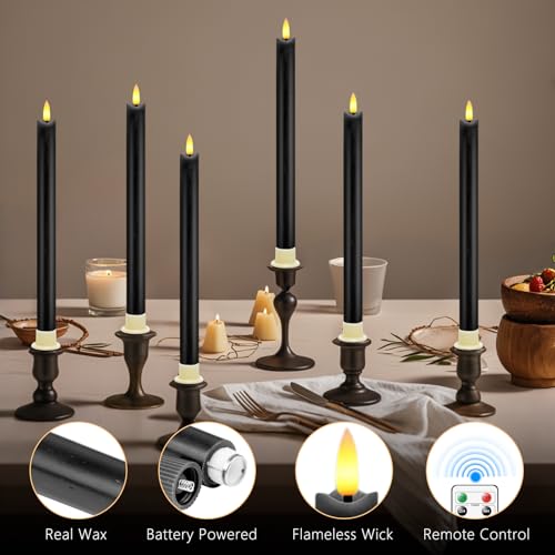 Image of LED Flameless Taper Candles with Two Remote Timer Battery Operate, Pack of 6, 3D Flickering Warm Real Wax Candles, Wedding Dinner Holiday Decor Candles, (D 0.86 inch * H 9.6 inch)-Black
