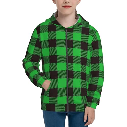 Buffalo Plaid Green Black Kids Pullover Hoodies Boys Zip Up Sweatshirts Girls Athletic Clothes with Pocket3