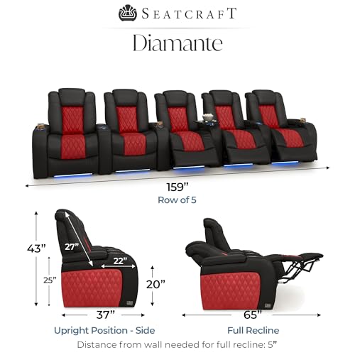 Image of Seatcraft Diamante Black /Red Italian Leather Home Theater Seating, Zero Gravity Power Recliner, Gaming and Home Office Chair, Powered Headrest Furniture for Family Cinema Room, Row of 5