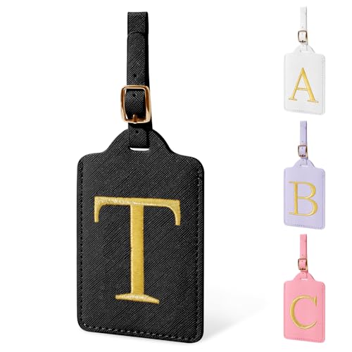 Personalized Initial Luggage Tags for Suitcase TSA Approved, Black Leather Cute Luggage Tag with Privacy Cover Name Card, Embroidered Custom Luggage Tags Travel Backpack Tags Gifts for Women Kids(T)