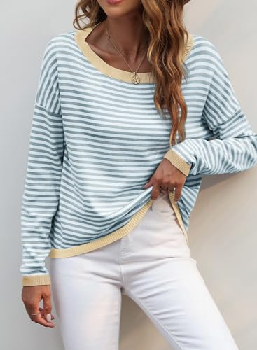 Image of Dokotoo Women's Long Sleeve Sweaters Casual Crewneck Fashion Fall Striped Color Block Shirts High Low Pullover Sweater Tops
