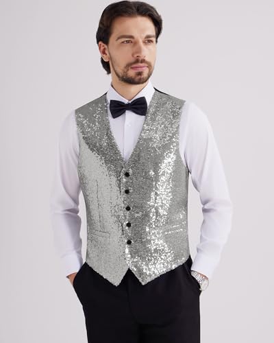 MAGE MALE Mens Sequins Suit Vest Formal V-neck Shiny Waistcoat Prom Party Tuxedo Vests4
