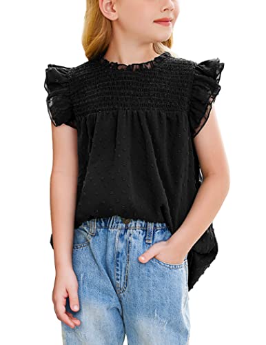 Flypigs Girls Summer Boho Shirt Ruffle Short Sleeve Frill Trim Mock Neck Cute Swiss Dot Top Chiffon Casual Blouses Pleated Flattering Dressy Tunic Black 5-6 Years #TOP6