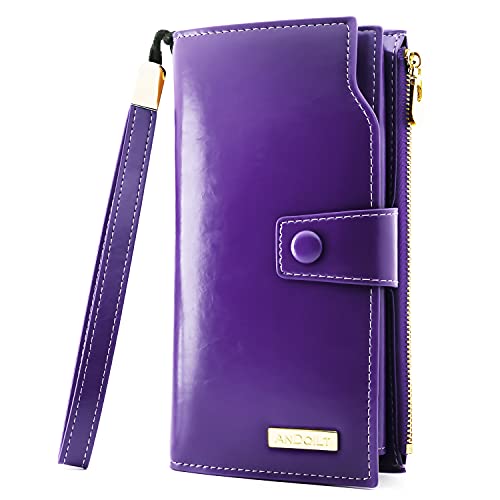 ANDOILT Women's RFID Blocking Large Capacity Luxury Wax Genuine Leather Clutch Wallet Card Holder Organizer Ladies S1 purple