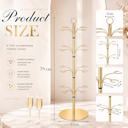 Ferrochef Cocktail Tree Stand for Drinks 4 Tier 16 Holders Tower Gold Metal Champagne Tower Wine Glasses Holder for Cocktails Martini Margarita Weddings Bridal Baby Shower Bar Party Favor by Ferrochef - Image 2