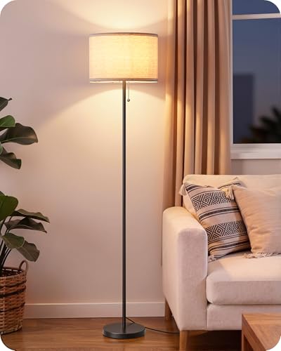 EDISHINE Stehlampe Wohnzimmer, Leinen-Lampenschirm, 2700K, Schwarz, 145cm – Ansicht 1