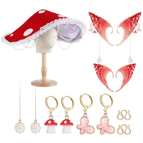 Funnysoft 3 Pcs Renaissance Mushroom Accessories Set Medieval Mushroom Hat Fairy Elf Ears with Flower and Mushroom Ear Clips Red Forest Cosplay Halloween Fantasy Elf Costumes Accessories for Women
