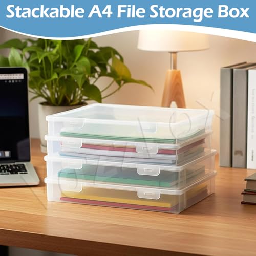 Image of VazzLox A4 Clear File Storage Box (Pack of 2) Premium Plastic Box for Storage Lockable Document Storage Box A4 Paper Storage Boxes Organiser with Lid for Papers File Folders Certificates & Stationery