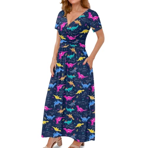 Image of Women's Fall Summer Short Sleeve Ankle Length V-Neck Party Dress with Pockets Size S-3XL