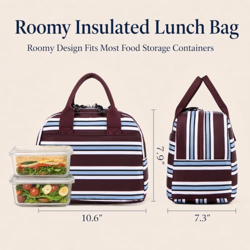 Image of LOVELYWIND Lunch Box for Women, Insulated Lunch Bag, Burgundy Stripe Tote