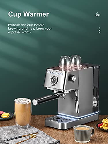 Espresso Machine, 20Bar Compact Espresso and Cappuccino Maker with Milk Frother Wand, Professional Espresso Coffee Machine for Cappuccino and Latte, Stainless Steel