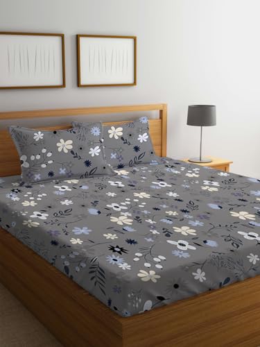 LOOMLYFE 300 TC Cotton Feel Glace Cotton Elastic Fitted Printed Super King Size Bedsheet with 2 Pillow Covers Fits Upto 12 inches Mattress,Size- 72X78 Inches, Greyblue