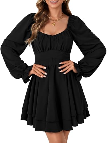 Rooscier Women's Lantern Flounce Long Sleeve Ruffle Layer Tie Mini Short Dress