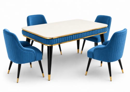 Image of WOODEN SPACE 4 Seater Wooden Dining Table Set | Urban Marble Top Dining Table with Chairs for Dining Room & Kitchen (Modern Zyro Blue) (54 x 36 x 30 inch)