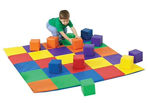 Children's Factory Joey's Matching Activity Mat & Toddler Building Blocks, CF322-047, Daycare or Playroom Foam Floor Mat and Big Blocks Playset