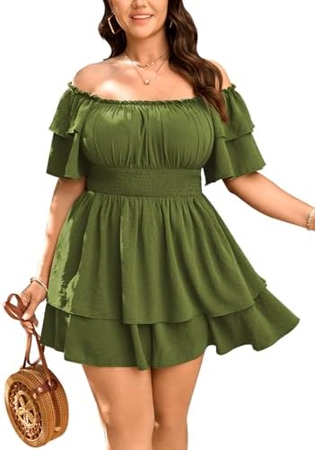 SCOMCHIC Women Plus Size Romper Dress Summer Off The Shoulder Squ...
