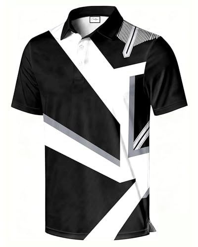 COOLLYME Men's Golf Polo Shirt, Black and White Geometric Print, Short Sleeve, 100% Polyester, Regular Fit