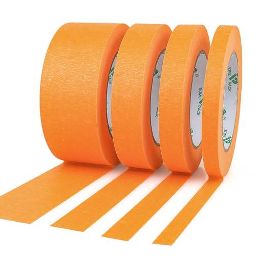 BOMEI PACK 4 Pack Cinta de Pintor Naranja, 12mm /18mm /24mm /48mm x 60yds, Cinta de Enmascarar para Pintar, DIY Crafting, Decoración