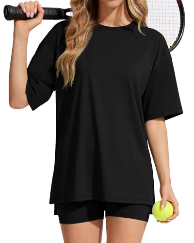 Womens 2 Piece Outfits Athletic Sets Summer Side Slit Longline Top High Waisted Biker Shorts Gym Workout Clothes