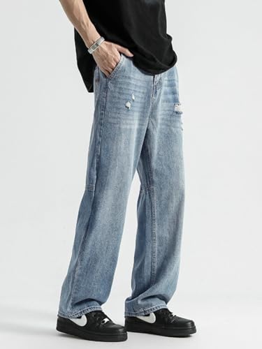 Jeans Pants Trousers Denim Street Light Color Punched Loose Straight Leg Wide Drop Feel Versatile Casual Men's Spring4