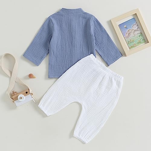 Image of VISGOGO Toddler Boy Linen Outfit Baby Boy Fall Winter Clothes Set Button-Down Shirt Tops Cotton Linen Pants 2PCS
