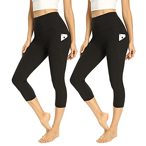 HIGHDAYS 2 Pack Capri Leggings with Pockets for Women - High Waist Tummy Control Capri Length Workout Pants for Yoga Running(Large, Capri Black/Capri Black)