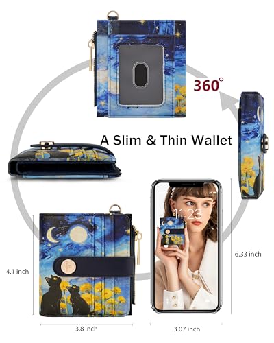 Image of Keychain Wallet Wristlet for Women,RFID Small Cat Wallet for Women | Wallet Wristlet with Zipper Coin Pocket,Vegan Leather Card Wallets for Women, 2 ID Window,Gift