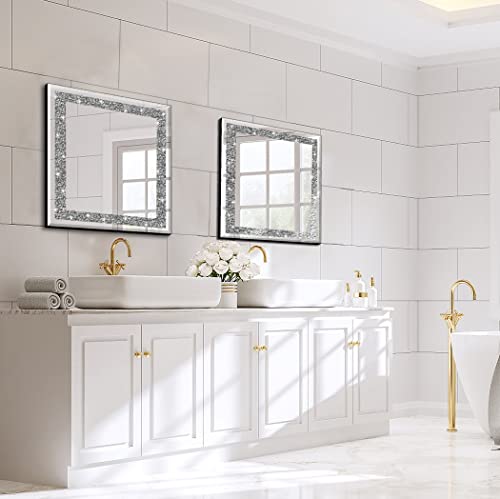 Qmdecor Crystal Crush Diamond Sparkly Square Silver Mirror For Wall Decoration 20X20X1 Inch Wall Hang Frameless Bling Stylish Gorgeous Glam Mirror Vanity Home Decor. #TOP5