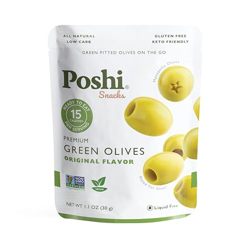 Image of Poshi Green Olives On-The-Go - Original Flavor - Single Serve Pitted Olives - Convenient and Healthy Snack Packs - All Natural, Non-GMO, Kosher, Gluten-Free (Original, 33 Ounce (Pack of 30))