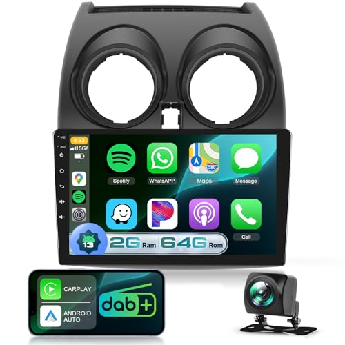 Radio para Coche Dab+ Carplay para Nissan Qashqai 2006-2016, Radio con Pantalla táctil de 9 Pulgadas Podofo 2G+64G CarPlay inalámbrico Android Auto con HiFi/BT/WiFi/GPS/Control del Volante+CANBUS
