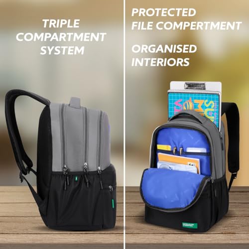 Image of United Colors of Benetton Unisex High-School Backpack CALAFIA | 3-Compartment Organised Daypack with Airmesh Padding | Backpack for School Girls & Boys | 26L Capacity
