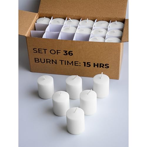 candwax unscented white votive candles set of 36 - clean-burning long-lasting 15 hour burn - ideal for weddings home dcor spa events - bulk value for versatile use