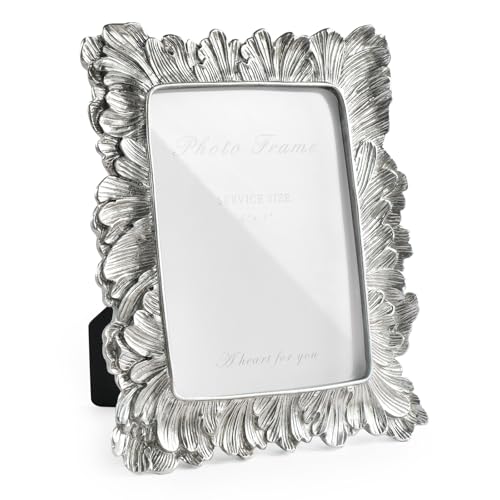 Silver 5x7 Picture Frame, Vintage Silver Palm Leaves Textured Hand-Crafted Resin with Glass Front Elegant Retro Vintage Rustic Design Photo Frame for Wall and Tabletop Display Home Decor